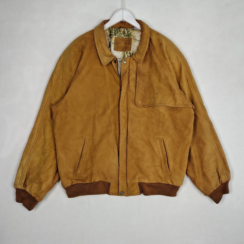 Vintage Marlboro Adventure Team Leather Bomber Jacket Tan XL Map Lining